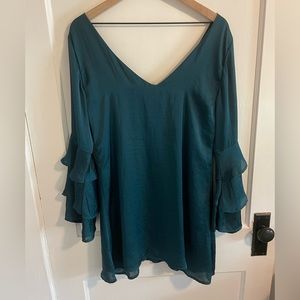 Teal, satin, ruffle sleeve minidress